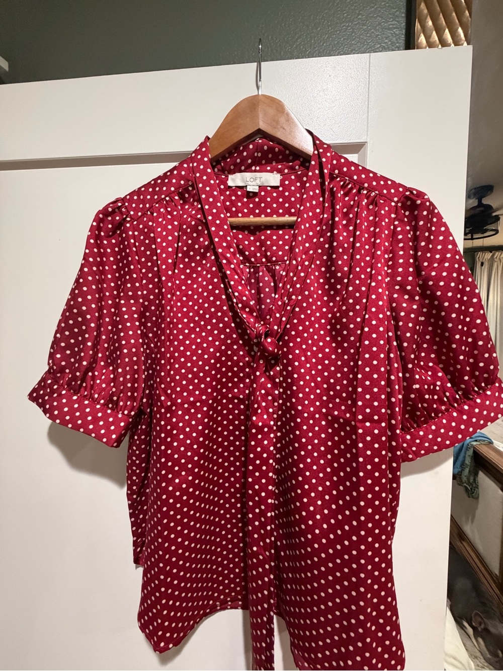 LOFT Red Polka Dot Tie-Neck Blouse